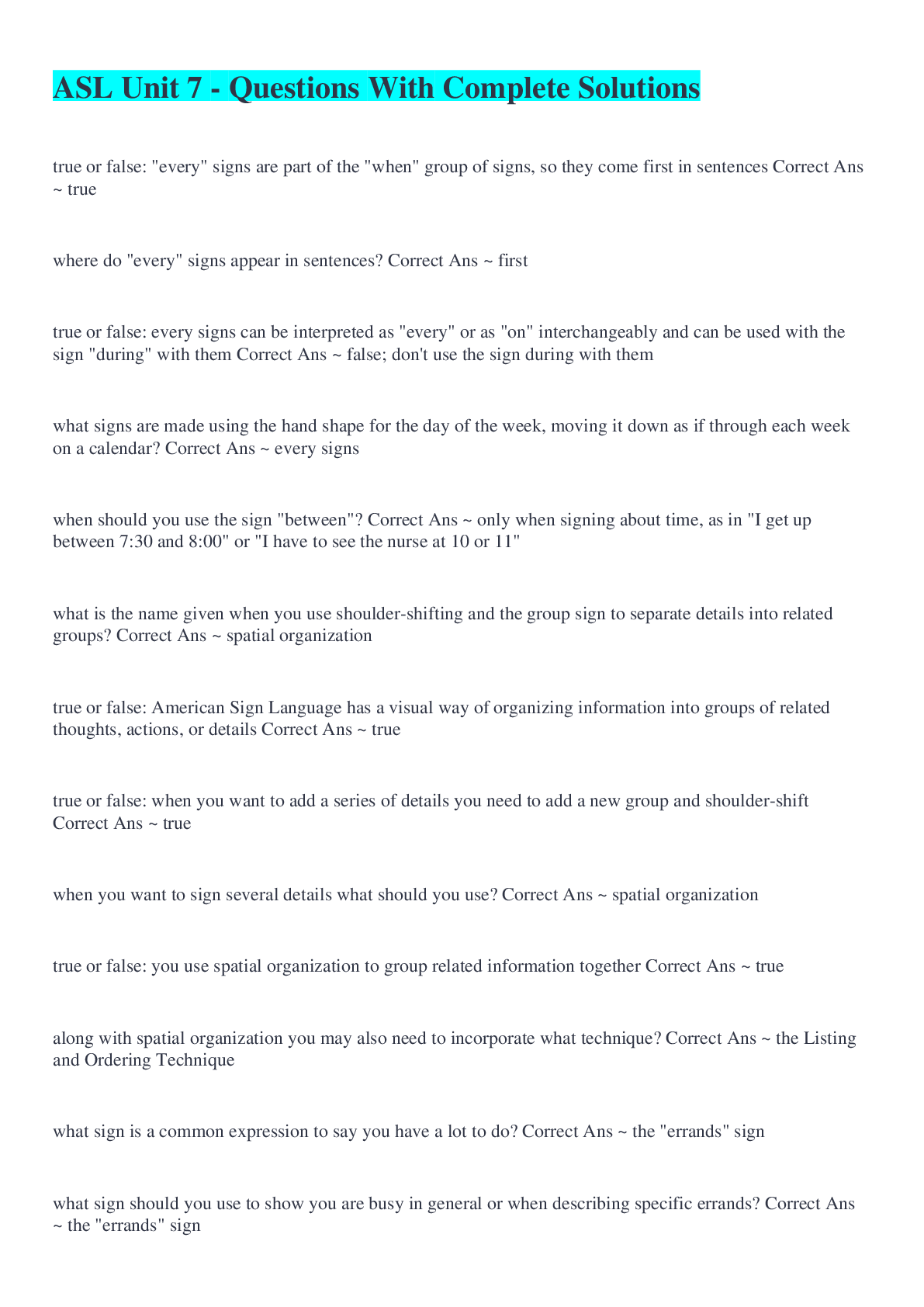 ASL Unit 7 Questions With Complete Solutions Browsegrades
